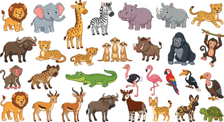 African safari animal cartoon vector collection featuring lion, elephant, giraffe, zebra, hippo, rhino, leopard, gorilla, crocodile, flamingo, and wildlife characters © Bokul