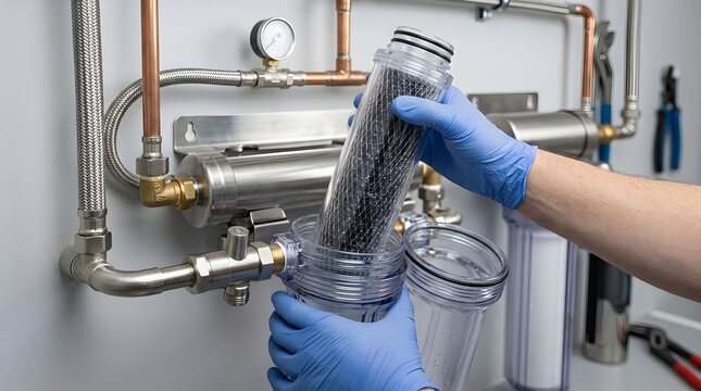A technician wearing blue gloves inserts a black activated carbon cartridge into a transparent water filtration system.
