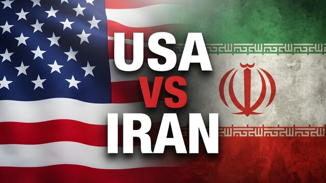 USA and Iran text is displayed over a layered background featuring the national flags of both countries.