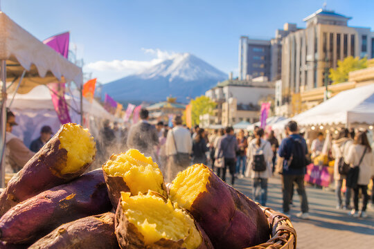 Delicious steamed sweet potato at outdoor food market with mountain view