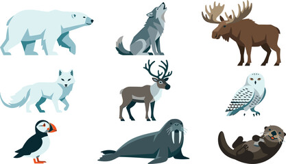 Arctic wildlife cartoon vector collection featuring polar bear, wolf, moose, arctic fox, reindeer, snowy owl, puffin, walrus, and sea otter © Bokul