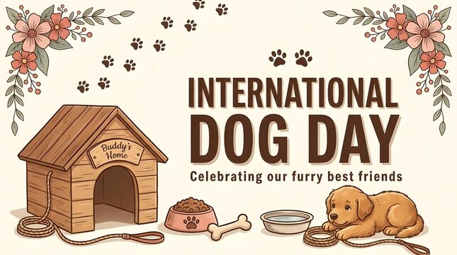 International dog day promotional background featuring wooden dog house with buddy sign bowl of dry kibble bone and water bowl on beige surface decorated with beautiful floral corner frame design.