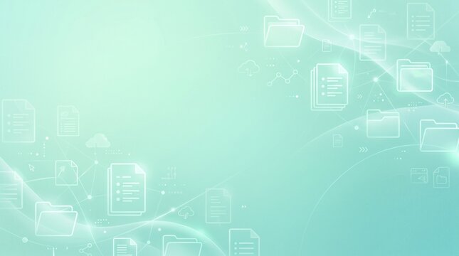 Digital Document Organization: A soft, mint-green background features a network of glowing white icons representing files, folders, and cloud storage.