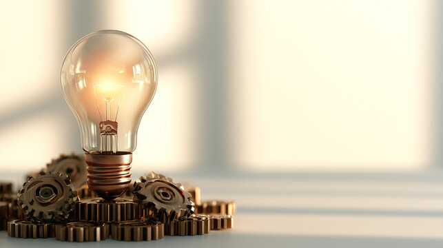 Illuminated light bulb surrounded by gears and coins symbolizing innovation and technology concept