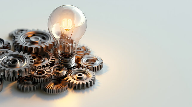 Illuminated Light Bulb Resting on Metallic Gears as Innovative Concept
