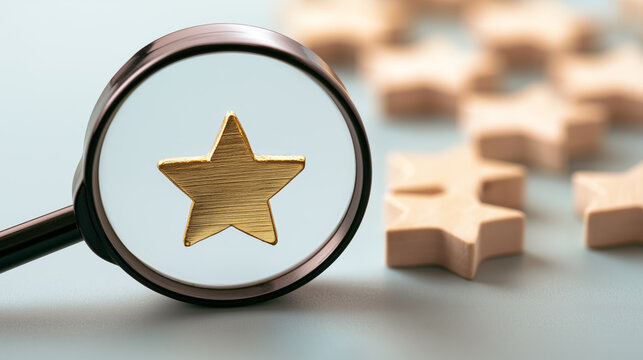 Close-up of a magnifying glass examining a gold star on a light blue surface with additional stars in background