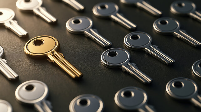 Collection of Metal Keys in Gold Silver and Black on Dark Surface