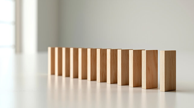 Wooden Blocks Arranged in a Line on White Surface with Soft Natural Light