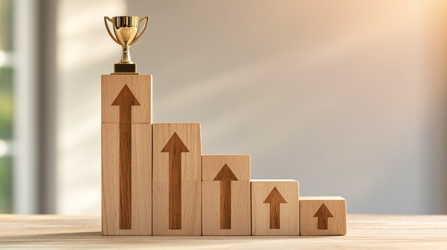 Wooden Block Steps with Upward Arrows and Trophy for Success and Growth