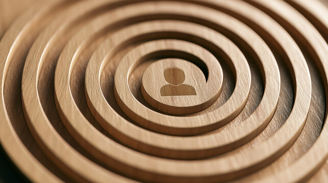 Wooden labyrinth with a person icon in the center representing navigation and problem solving