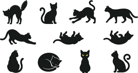 Black cat silhouette vector collection featuring sitting, stretching, playing, rolling, sleeping, walking, and spooky feline pose illustrations isolated on white background © Bokul