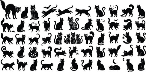 Black cat silhouette vector collection featuring sitting, walking, jumping, stretching, playful, spooky, and elegant feline poses for Halloween designs © Bokul
