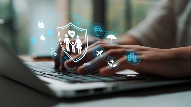 Hands Typing on Laptop with Family Protection Icons and Health Care Elements in a Modern Workspace Setting. Entropy.