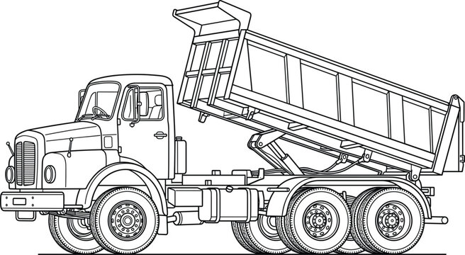 Heavy industrial tipper truck with raised open cargo bed vector line art illustration for construction design