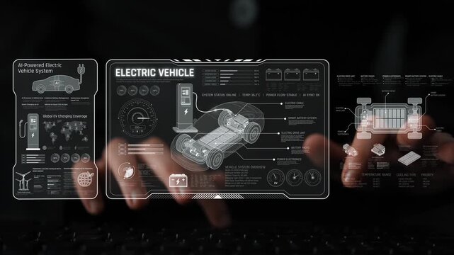 Technical layout of electric vehicle showing battery system, power control, traction motor, charging interface, and integration with renewable and smart energy sources Marrow