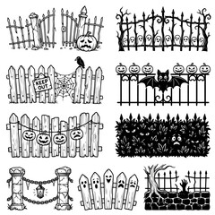 Fototapeta premium Set of spooky halloween fences featuring carved pumpkins scary ghost characters and dark graveyard silhouettes for seasonal holiday party decoration themes to create eerie festive party