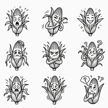 Set of funny corn cob character expressions featuring various human emotions like joy sadness anger shock and confusion drawn in a traditional ink style for diverse agricultural projects and