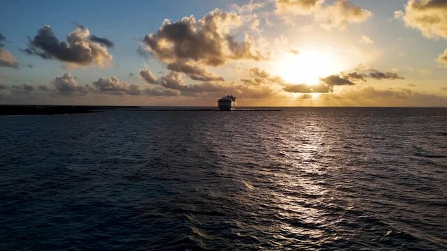 Aerial View of Cruise Ship at Mahahual Port During Sunrise in Mexico