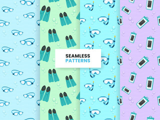 Summer Swimming Seamless Pattern Collection with Goggles Snorkel Fins and Waterproof Phone Case Vector Set © Niestart Creation
