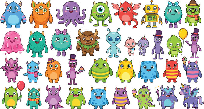 Colorful cute monster cartoon vector collection featuring aliens, robots, furry creatures, cyclops, tentacles, horns, balloons, and playful fantasy characters