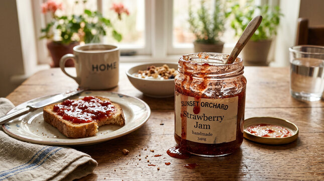 Strawberries jam jar with toast and coffee on wooden table  