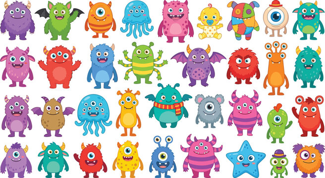 Colorful cute monster cartoon vector collection featuring funny aliens, one eyed creatures, furry characters, tentacles, horns, and playful fantasy mascots