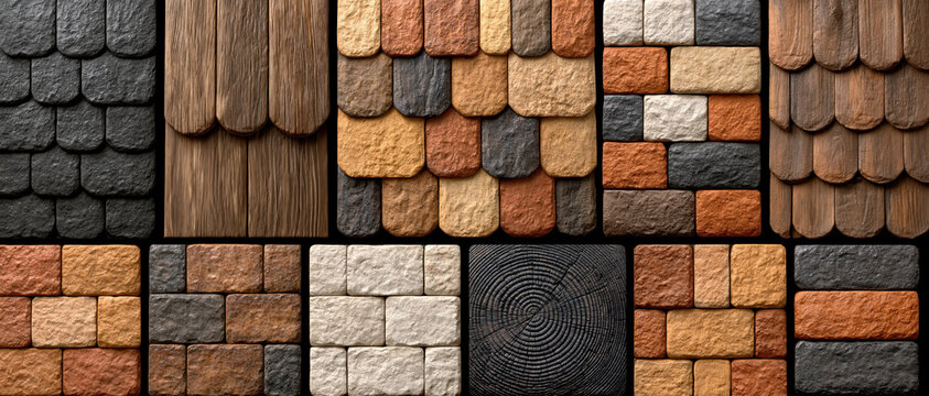 Roof tile wall cladding stone texture brick pattern wood plank rustic surface construction material building exterior background design architectural detail roof tile wall cladding stone texture