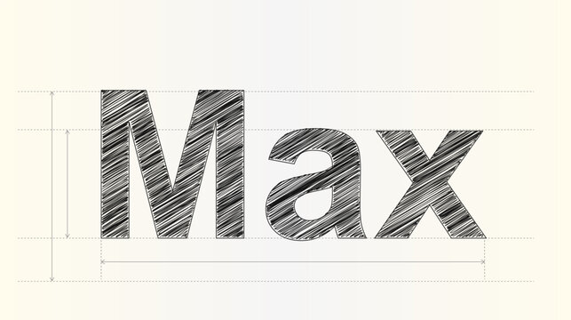 Artistic hand rendered text of the word Max showcasing technical construction lines and measurement guides