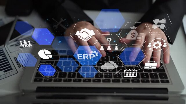 ERP icons show management, integration, and business process. ERP supports data management, ERP efficiency, and ERP organizational solutions. Funnel