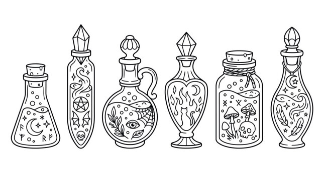Set of hand drawn magic potion bottles with mystical symbols and botanical elements