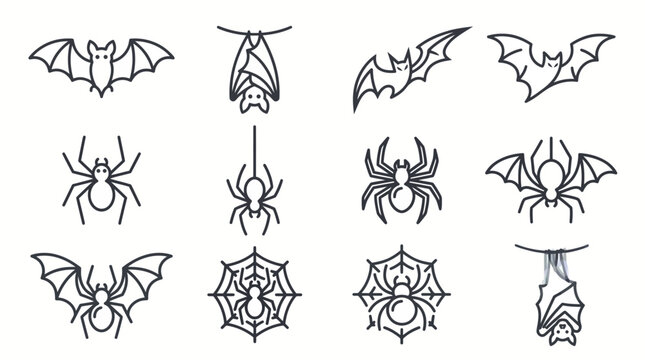 Set of hand drawn halloween icons featuring various bats and spiders in black ink