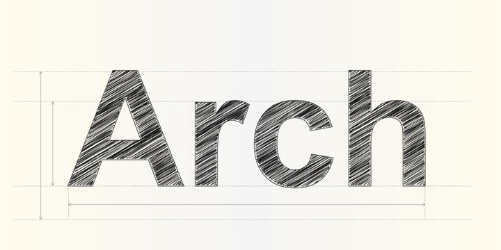 Artistic typography design showcasing the word Arch in a hand drawn scribble texture with technical lines