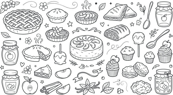 Hand drawn apple pie and desserts set, vector illustration