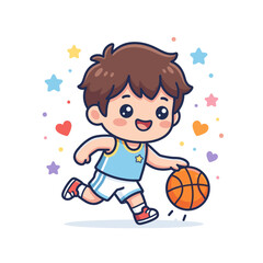 Young boy dribbling a basketball with happy expression. © Bakori