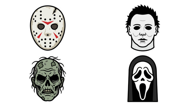 Set of four iconic horror movie villain masks and characters for halloween design projects