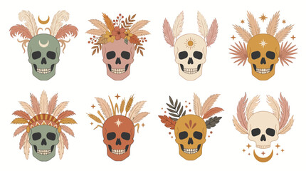 Obraz premium Set of decorative skulls with boho feathers and celestial floral elements for mystical designs