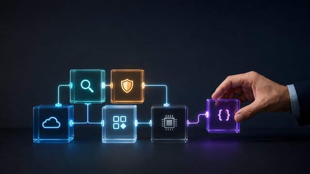 Software development system integration hand placing coding block into digital enterprise architecture network