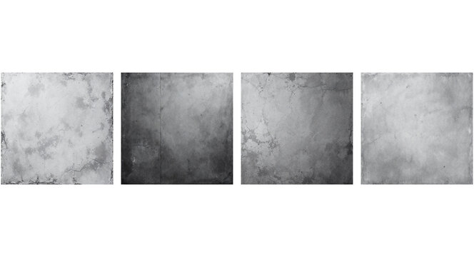 Grunge concrete texture set, four square grey cement backgrounds with weathered stone effects, industrial distressed plaster surfaces for graphic design