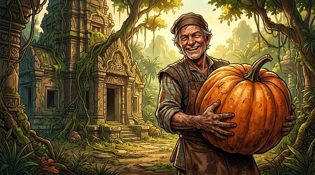 Smiling man holding a giant pumpkin near an ancient jungle temple