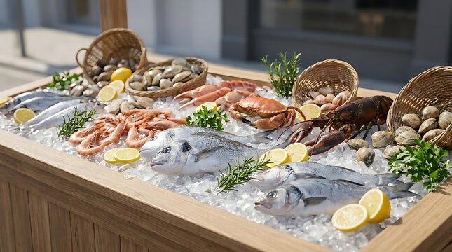 A high-quality seafood vendor setup featuring a variety of fresh fish, shellfish, lobster, and crab displayed on a bed of ice for a gourmet market.