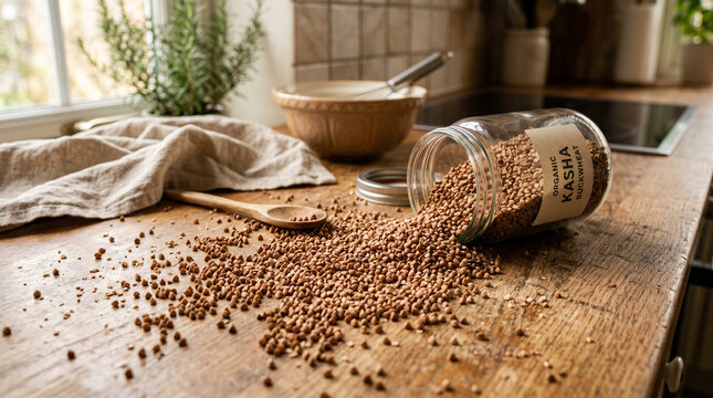 Jar of spices spilled on wooden kitchen counter with greenery  