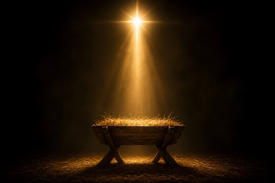 A nativity scene with empty manger and a bright star at night with Christmas concept