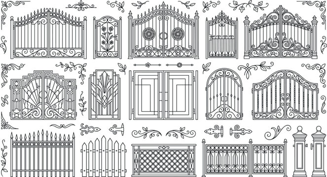 Wrought iron gate and fence line art set decorative metal entry doors forged steel fence panels and scrollwork design elements