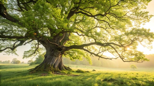 Majestic ancient oak tree in a sunny meadow. Large gnarled tree with lush green foliage.