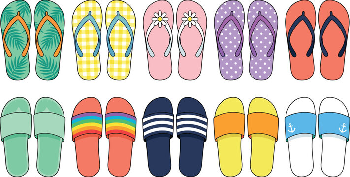 Colorful summer footwear vector collection featuring flip flops, beach sandals, striped slides, floral patterns, tropical designs, and casual vacation shoes