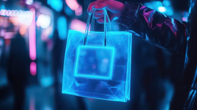 Glowing shopping bag featuring a bright blue neon square hangs from a person's hand in a city street.