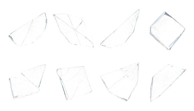 Broken glass shards set on white background, sharp transparent glass fragments, collection of 8 shattered glass pieces for composite design