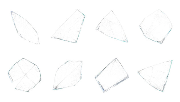 Broken glass shards collection, 8 transparent glass fragments on white background, sharp shattered crystal pieces for design overlays