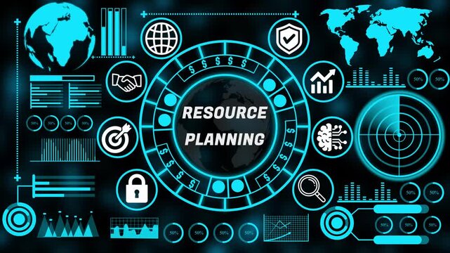 Strategic resource planning concept with interconnected business technology internet icons supporting enterprise decision making and growth. 4k animation video 