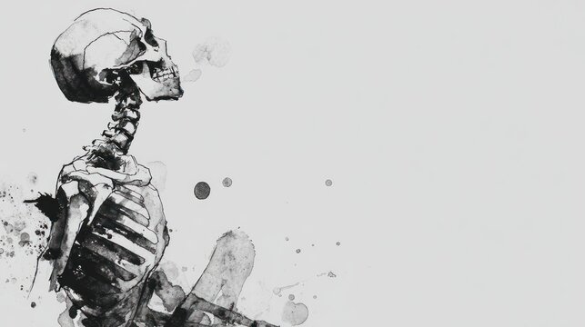 Artistic skeleton illustration with brushstrokes and copy space for design